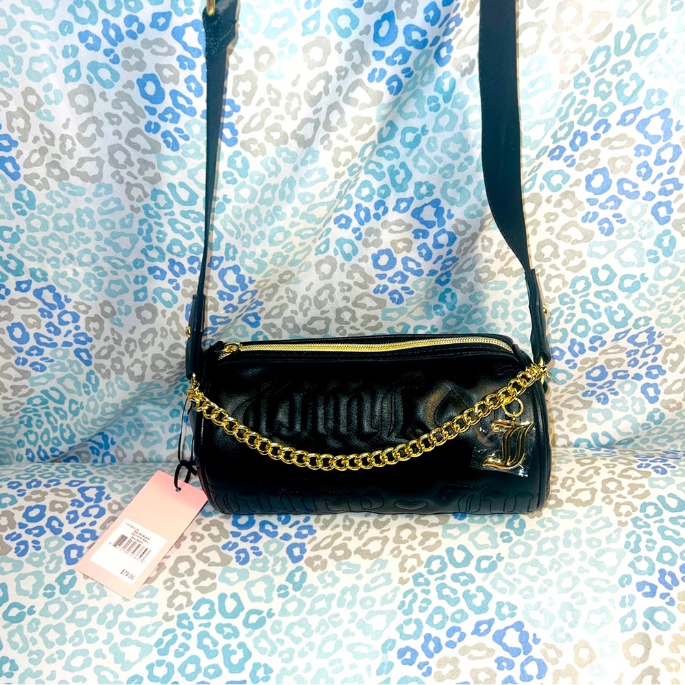 New Black Juicy Couture Purse Barrel Bag Quilted Puff Roll Crossbody